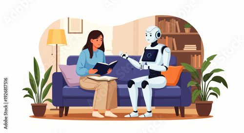 Flat vector illustration of a friendly AI robot helping a student study and read a book together on a couch. Concepts of artificial intelligence in education and human-robot interaction.