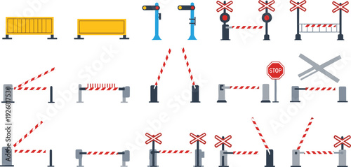 Railway Crossing Barrier and Traffic Gate Icon Set Featuring Safety Bollards, Stop Signals, Road Blocks, and Warning Systems for Transportation Vector Design