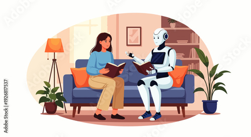 Flat vector illustration of a friendly AI robot helping a student study and read a book together on a couch. Concepts of artificial intelligence in education and human-robot interaction.