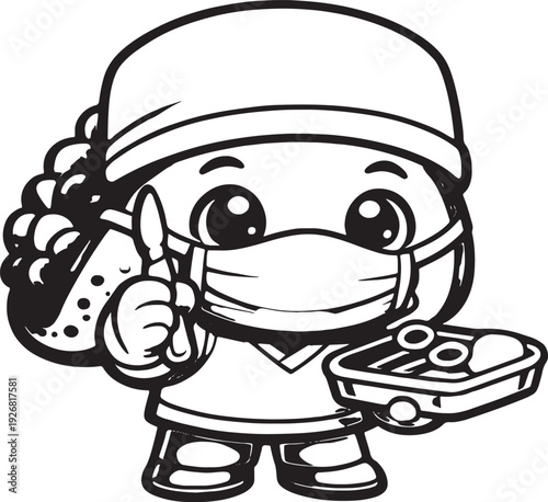 Cute taco surgeon doctor mascot character wearing surgical mask and cap line art illustration
