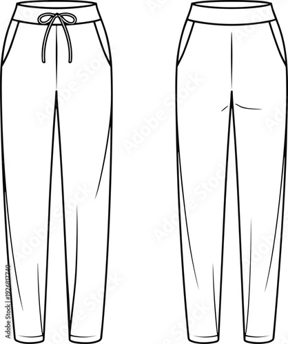 Front and back technical sketch of drawstring jogger pants, fashion flat design for garment production, apparel template, vector illustration