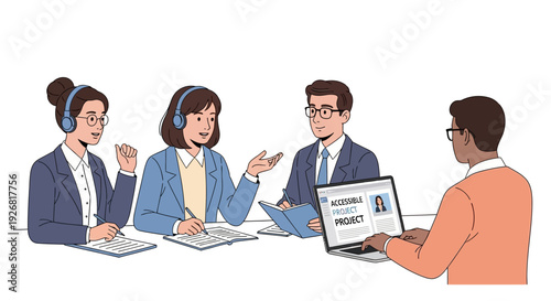 Business team collaborating on project with laptop and notes