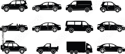 Black Car Side View Silhouette Vector Icons Set Including SUV Sedan Minivan Pickup Truck and Cargo Delivery Van Isolated on White Background for Transportation Design