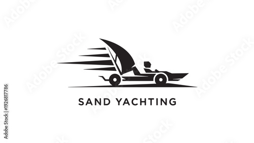 Professional sand yachting logo featuring a sleek racing vehicle with a sail, conveying speed and adventure on a clean white background.
