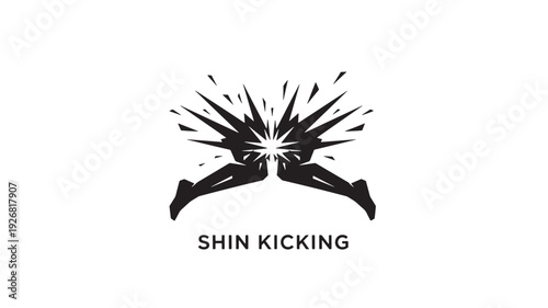 A striking black and white logo featuring two legs in a shin kicking position, surrounded by an explosion effect, symbolizing energy and martial arts.