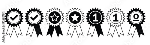 Badge with ribbons, rosette, medal, quality and winning icon set, vector illustration representing achievement, award recognition, certification, premium quality labels,