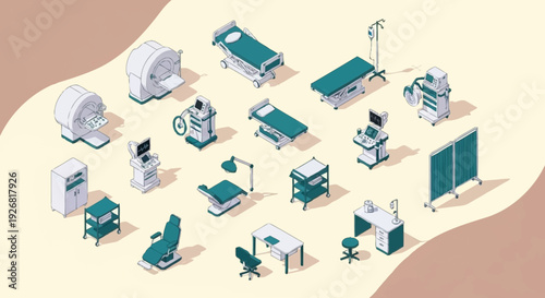 Medical equipment and hospital furniture collection in isometric view.