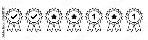 Badge with ribbons, rosette, medal and quality winning icons set, vector illustration symbolising excellence, achievement awards, certification seals, premium recognition