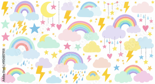 Pastel rainbow, cloud, moon, star, heart, and lightning bolt vector collection. Includes 7 rainbows, 14 clouds, 2 moons, 18 stars, 6 hearts, and 8 lightning bolts. Created in flat cartoon style
