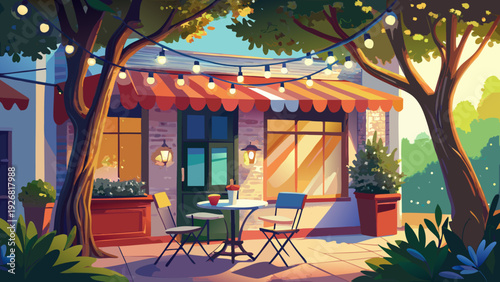 Very beautiful hand drawn line art illustration of an outdoor cafe with romantic table setting beneath a tree in cozy atmosphere.
