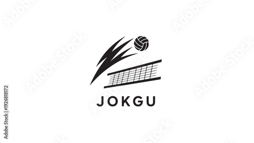 A sleek black and white logo featuring a volleyball in motion above a stylized net, symbolizing energy and sportsmanship.