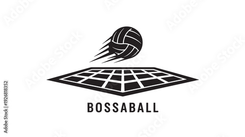 A dynamic bossaball volleyball logo on an inflatable court with a clean white background, perfect for sports branding.