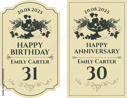 A set of A4 vector castom tags featuring a baroque still life, and calligraphic inscriptions with the anniversary date and name in a vintage style. Suitable for anniversaries or birthdays. 