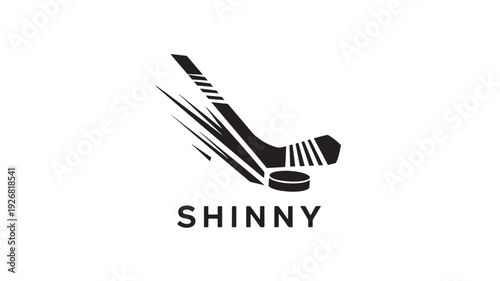 A dynamic black hockey stick hitting a puck with motion lines, accompanied by 'SHINNY' text on a clean white background.
