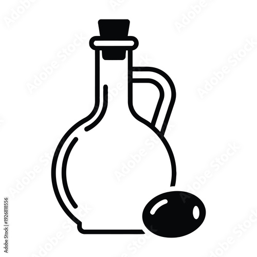 Glass bottle with cork stopper and olive lying beside it minimalist design with clean lines and bold outline