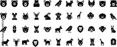 Black Animal Head and Silhouette Icons Set Featuring Bear Dog Cat Deer Lion Giraffe and Bird Symbols for Pet Shop Logo Design Vector Illustrations