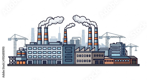 Industrial factory complex with smoking chimneys and pollution in the air, urban landscape.
