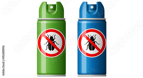 Two aerosol cans with insecticide labels indicating prohibition on a neutral surface from a straightforward viewpoint