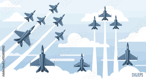 Military Fighter Jets Flying in Formation.