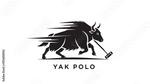 A sleek black yak polo logo illustration featuring a yak in full stride with a mallet, set against a clean white backdrop, conveying energy and competition.