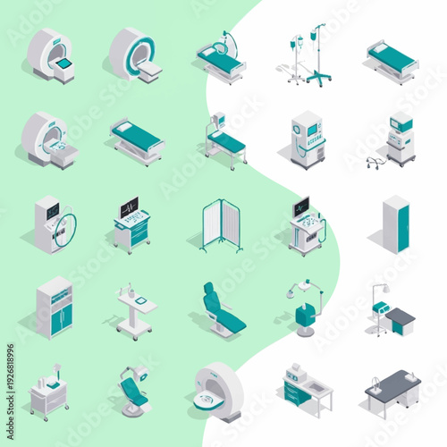 Medical equipment and hospital furniture isometric icons set.