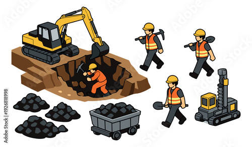 Isometric line art mining elements set featuring workers, an excavator, coal, a mine cart, and drilling equipment for industrial and resource extraction projects