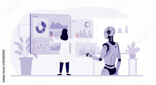 Flat vector illustration of a female scientist analyzing data with an AI robot in a futuristic laboratory or office. Ideal for automation, future technology, innovation, and data science themes.