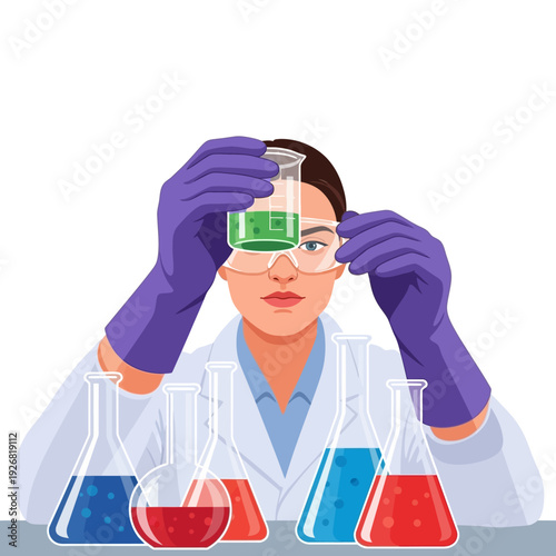 Scientist examining green liquid in laboratory setting with various colorful beakers