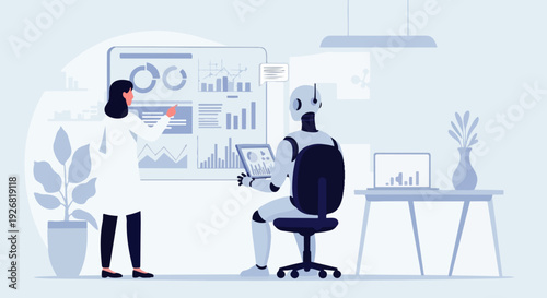 Flat vector illustration of a female scientist analyzing data with an AI robot in a futuristic laboratory or office. Ideal for automation, future technology, innovation, and data science themes.