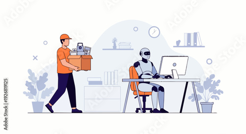 Flat vector illustration depicting intelligent AI robots taking over the workplace, a sadly fired man holding a box. Unemployment and job competition due to artificial intelligence in human jobs.
