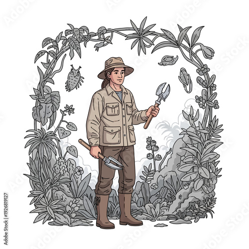 Gardener standing confidently with tools in lush greenery