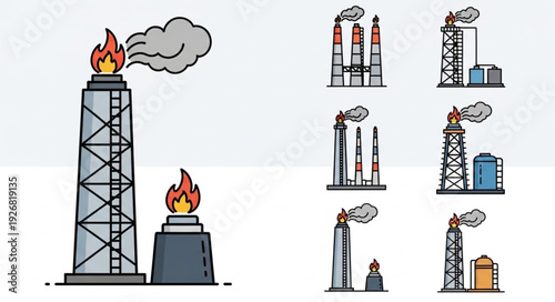 Industrial chimneys and flames emitting smoke, representing pollution and energy production.