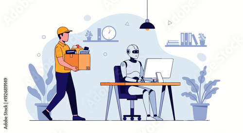 Flat vector illustration depicting intelligent AI robots taking over the workplace, a sadly fired man holding a box. Unemployment and job competition due to artificial intelligence in human jobs.