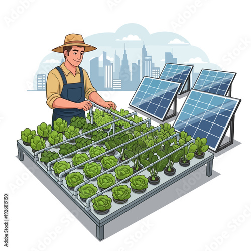 Urban farmer tending to hydroponic garden with solar panels