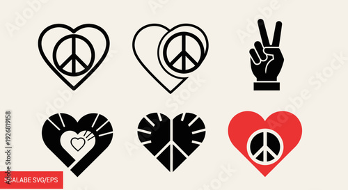 Peace Sign Heart Symbols and Icons.