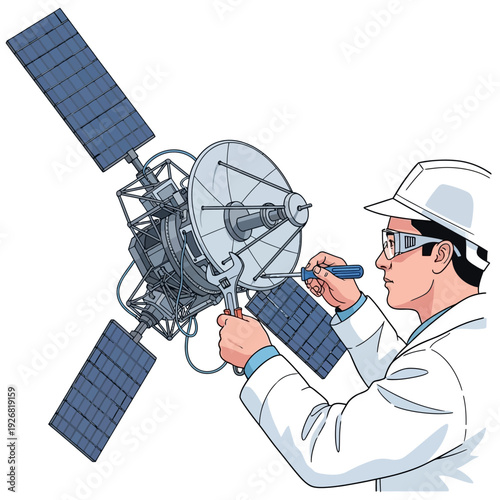 Technician in lab coat repairing satellite with screwdriver