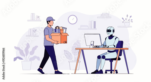 Flat vector illustration depicting intelligent AI robots taking over the workplace, a sadly fired man holding a box. Unemployment and job competition due to artificial intelligence in human jobs.