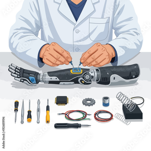 Technician repairing advanced prosthetic limb with tools and components