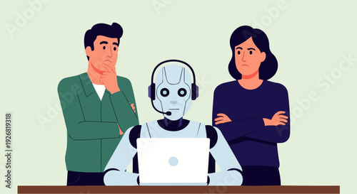 Flat vector illustration depicting frustrated and pensive businessmen watching AI robots working in the office. Concept of artificial intelligence, business, and automation.