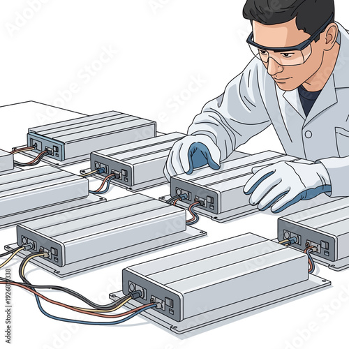 Technician assembling battery storage systems in a lab