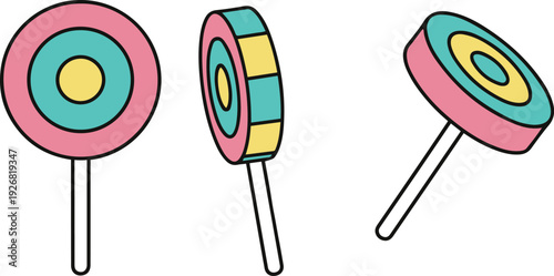 Set of three colorful round lollipops shown from different angles, illustrated in a cute cartoon style with pastel tones and clean outlines, perfect for candy-themed designs, stickers, icons, and chil