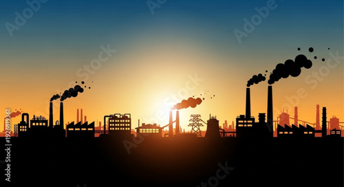 Industrial landscape silhouette against a vibrant sunset sky, pollution concept.
