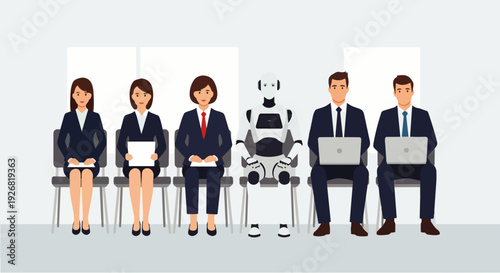 Flat vector illustration depicting workers and humanoid AI robots sitting and waiting for job interviews. Concept of job competition between humans and AI robots.
