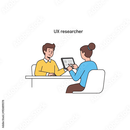 User experience researcher presenting findings on tablet to colleague