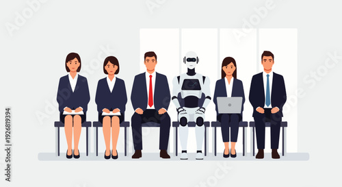 Flat vector illustration depicting workers and humanoid AI robots sitting and waiting for job interviews. Concept of job competition between humans and AI robots.