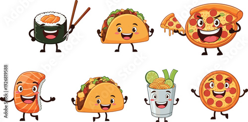 Funny cartoon food characters including sushi, tacos, pizza, and noodles, cute fast food mascot set for kids and design.