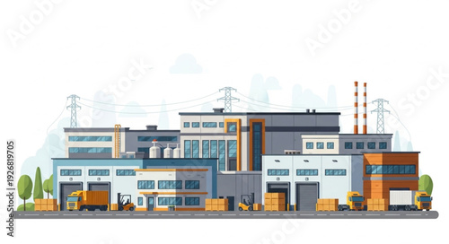 Industrial complex illustration depicting various buildings and structures for manufacturing and production.