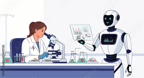 Flat vector illustration depicting a human and a robot working together in a modern laboratory. Concept of friendship, artificial intelligence, cooperation, science and technology.
