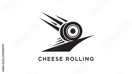 A sleek black and white logo featuring a rolling cheese wheel with motion lines, symbolizing speed and energy, perfect for dairy or food brand identity.