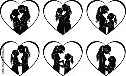 Mother and daughter love silhouettes inside heart shapes showing family bonding motherhood affection care relationship illustration isolated on white background for design